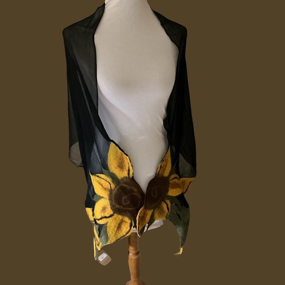 LeBeau Designs M. Moose, Inc. Silk Chiffon and Felted Wool Flowers Scarf  NWT